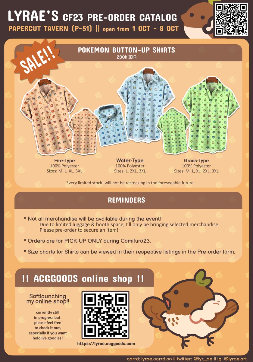 lyr_ae's tweet photo. [🧡🔁 appreciated!]
#Comifuro23 🇮🇩 Pre-orders &amp; #ACGGoods online shop finally open‼️

📍Papercut Tavern P-51
🛒 #CF23 PO'S for pick-up at event
📜 closes Oct 8
🔗 in thread

⭐Hololive | Vocaloid | Splatoon | Pokemon | DunMeshi | STS | PHM | Dispatch | etc

#cf23catalogue
(1/2) https://t.co/XsxxKM6JAS
