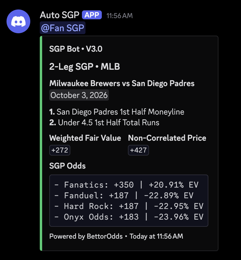 GetBettorOdds's tweet photo. The 1st Auto SGP Bot ping of the Divisional series ⚾️

Why pay +187 at FanDuel when you can get +350 at Fanatics...

We find. You bet. 2 legger for Padres/Brewers ⤵️ https://t.co/C4BwKUaMbD