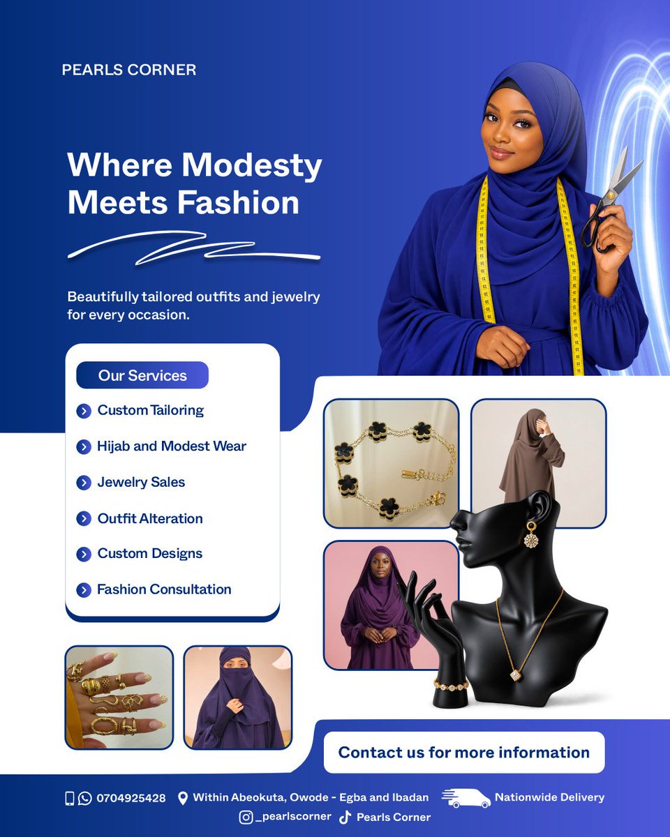 samsoncreatives's tweet photo. A beautiful blend of elegance, modesty, and timeless style for Pearls Corner.
Designed to make every detail speak. 🎨
Custom Tailoring | Modest Wear | Jewelry | Custom Designs
#GraphicDesign #BrandDesign #FashionDesign #ModestFashion https://t.co/zONT6kKNSl