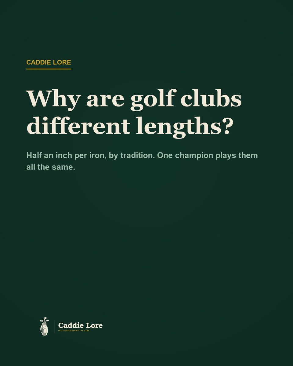 caddielore's tweet photo. Why are golf clubs different lengths? A longer shaft swings a wider arc, so it moves faster. Shorter clubs play near the hole, where precision counts. Bryson DeChambeau skips it: every iron 37.5 inches, 6-iron length. The idea flopped in shops in the 1980s. https://t.co/0ZCKTqUDwm