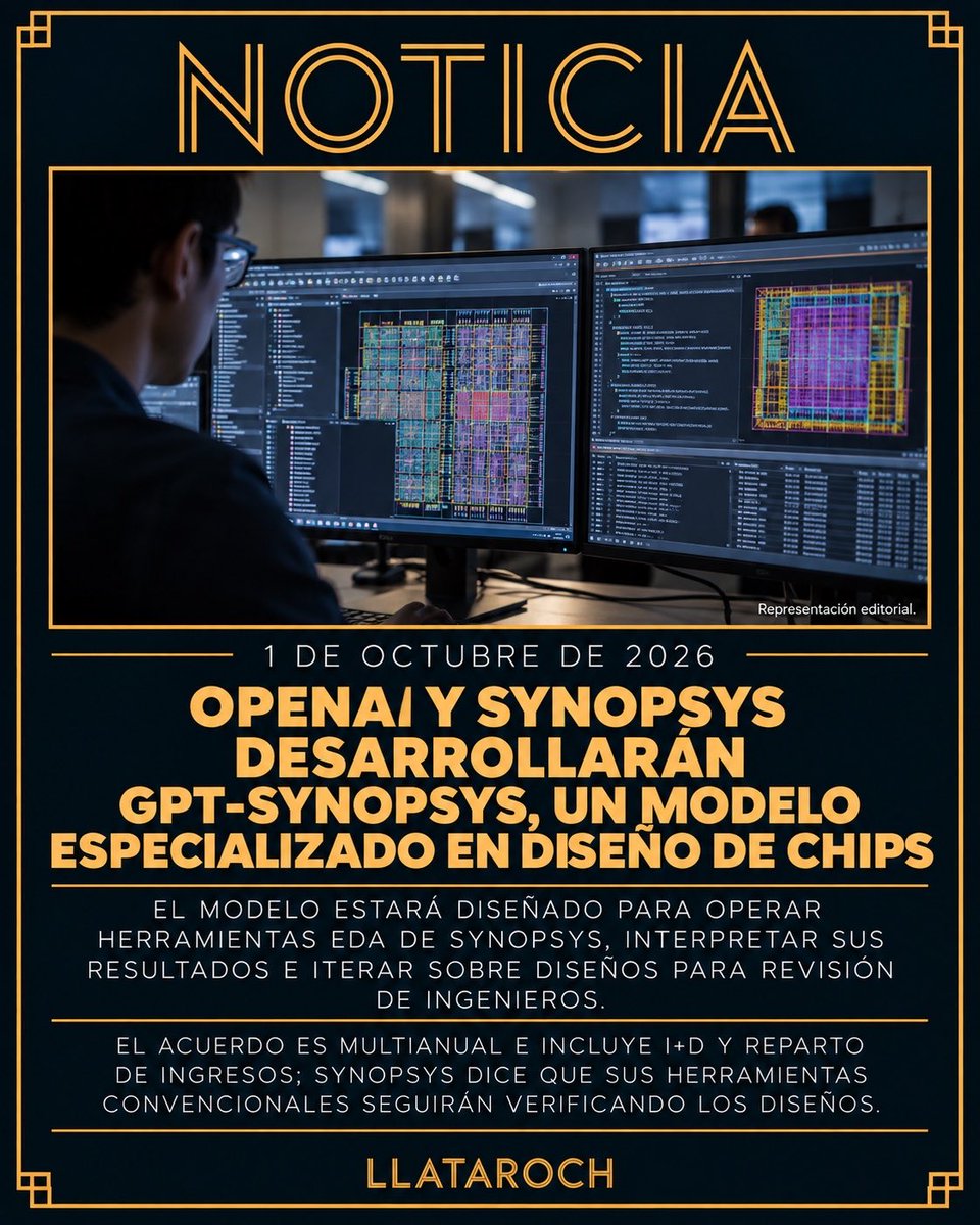 LlataRoch's tweet photo. NOTICIA: OpenAI y Synopsys desarrollarán GPT-Synopsys, un modelo especializado en diseño de chips.

OpenAI y Synopsys anunciaron el 30 de septiembre una alianza multianual para desarrollar GPT-Synopsys, un modelo especializado en diseño de semiconductores. El sistema combinará modelos de frontera de OpenAI con las herramientas EDA y la experiencia de Synopsys para operar directamente software de diseño, interpretar resultados e iterar sobre objetivos como potencia, rendimiento, área, timing y verificación antes de entregar los resultados a ingenieros para su revisión. OpenAI licenciará herramientas EDA de Synopsys para desarrollar el modelo y ambas compañías compartirán ingresos cuando el servicio llegue a clientes. Synopsys señala que GPT-Synopsys no sustituirá la verificación tradicional: sus resultados seguirán pasando por herramientas deterministas de ingeniería antes de considerarse válidos para fabricación. Las primeras pruebas tecnológicas con clientes del sector semiconductor ya están en marcha, aunque todavía no se anunció una fecha de disponibilidad general.