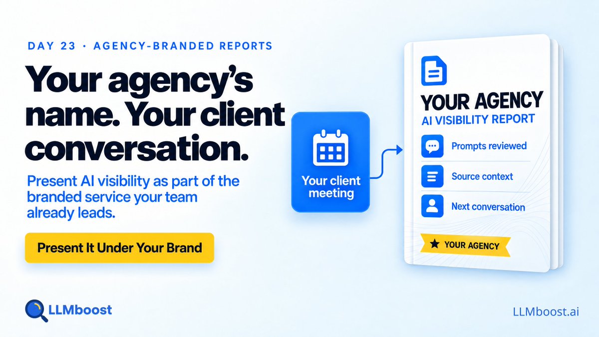 LLMboost's tweet photo. Your agency’s name on the report. Your team in the client conversation.

White-label reporting helps present AI visibility as part of your own branded service.

#WhiteLabel #AgencyBrand https://t.co/LQgL8t2deI