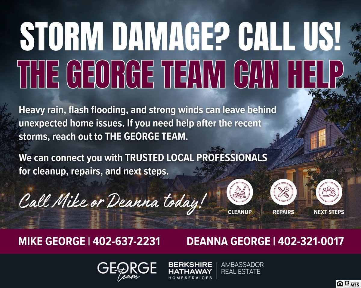 OmahaRealtorsNE's tweet photo. Our mission is to serve you! If your home was affected by the recent storms/rain and you’re not sure who to call, reach out to The George Team. We’re happy to connect you with our trusted local professionals who can help with cleanup, repairs and next steps. Give us a call today! https://t.co/OxleVmOm7w