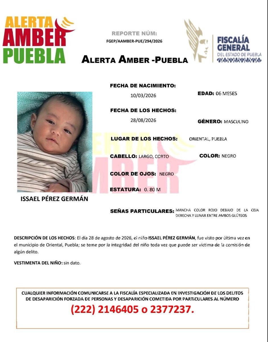 aamber_pue's tweet photo. #AlertaAmber | Solicitamos su apoyo para la búsqueda y localización del niño ISSAEL PÉREZ GERMÁN, de 6  meses de edad.

Fue visto por última vez en el municipio de Oriental, Puebla. https://t.co/l3ZltRtwXC