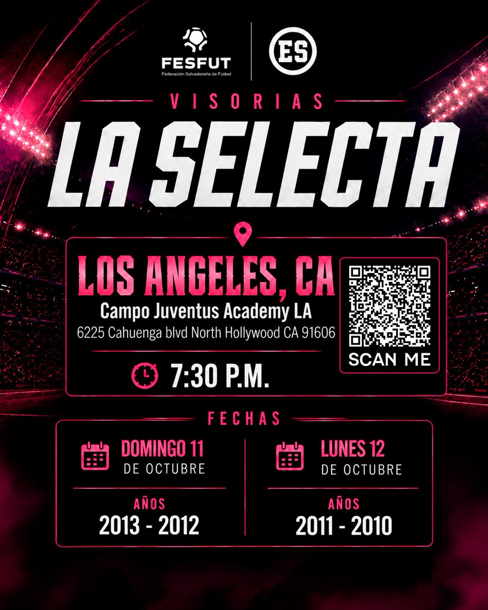 LaSelecta_SLV's tweet photo. La @fesfut_sv realizará visorías femeninas en Virginia, Los Ángeles y Dallas, del 8 al 14 de octubre, en busca de jugadoras con ascendencia salvadoreña nacidas entre 2010 y 2013.

Las interesadas pueden inscribirse en el siguiente enlace:

https://t.co/BoIHHSWI3M https://t.co/7qg4pRoIbz