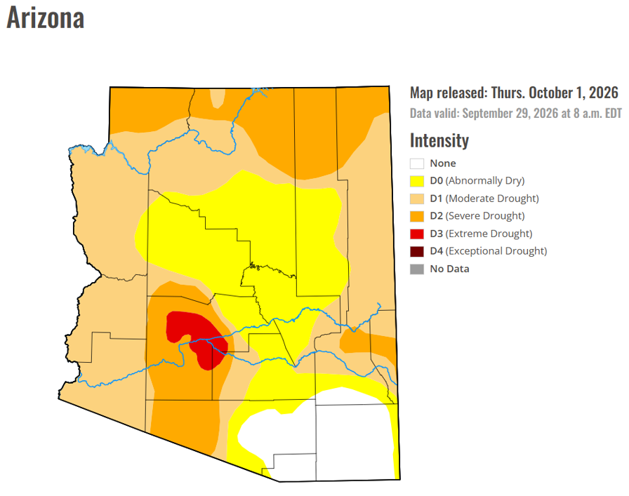 NWSTucson's tweet photo. Drought impacts have lessened across much of central and eastern Arizona due to the robust 2026 monsoon season.  In fact, most of eastern Pima County is in no drought status.  You have to go back to October 2024 the last time eastern Pima County was in a no drought status. #azwx https://t.co/te9XANmF4v