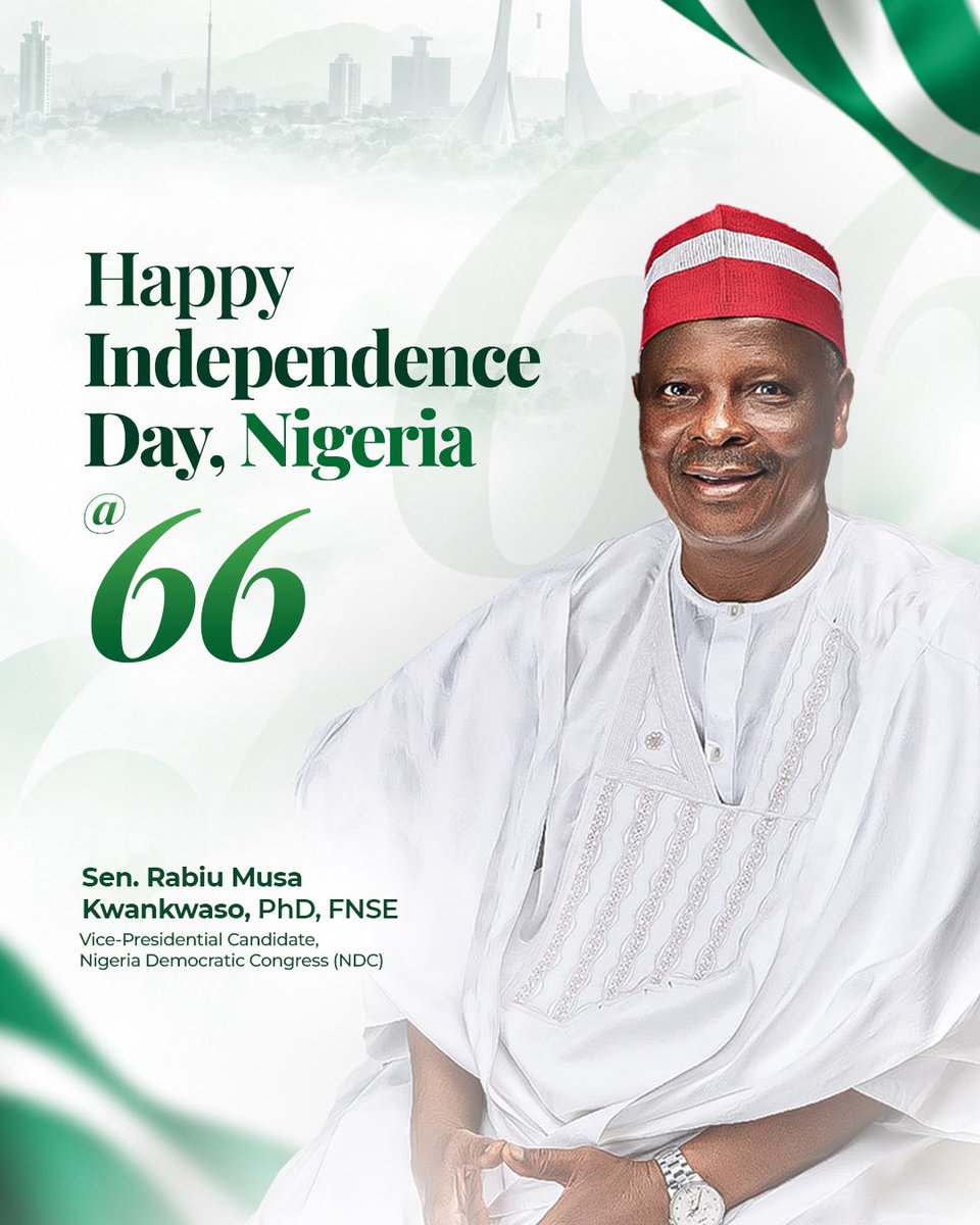 KwankwasoRM's tweet photo. NIGERIA AT 66: OUR FUTURE IS IN OUR HANDS

Fellow Nigerians,

Today, as we celebrate the 66th anniversary of our independence, I congratulate Nigerians at home and across the world.

Independence Day is not only a day for celebration. It is also a time to reflect on where we are, where we want to be, and what we must do to get there.

Nigeria is blessed with enormous human and natural resources. Yet, too many of our people are living with insecurity, poverty, unemployment, hunger and inadequate access to quality education and healthcare.

This should concern every Nigerian, particularly those entrusted with leadership.

We cannot continue to accept a situation where our children are out of school, farmers cannot safely access their farms, young people struggle to find opportunities, and communities are displaced by insecurity.

As echoed by our Presidential
Candidate, His Excellency Peter Obi, Nigeria must move from consumption to production.

We must invest in our people, especially our young population. We must make education a priority, support agriculture and industry, empower entrepreneurs and create an environment where hard work can translate into prosperity.

Security must also remain a fundamental responsibility of government. Nigerians deserve to live, farm, trade and raise their families without fear.

All through my time as a student union leader, parliamentarian, minister and governor, I have always believed that leadership must be measured by results, not by promises.

Our people deserve a government that is accountable, disciplined and focused on improving their lives.

Nigeria is not without problems, but neither is Nigeria without solutions. What we need is the courage, competence and commitment to implement those solutions.

On this Independence Day, let us renew our faith in Nigeria and our determination to build a country that provides opportunity for every citizen, regardless of where they come from.

A new and productive Nigeria is POssible, and it shall be OK with our country.

May God bless the Federal Republic of Nigeria and its people.

Happy Independence Day, Nigeria. - RMK