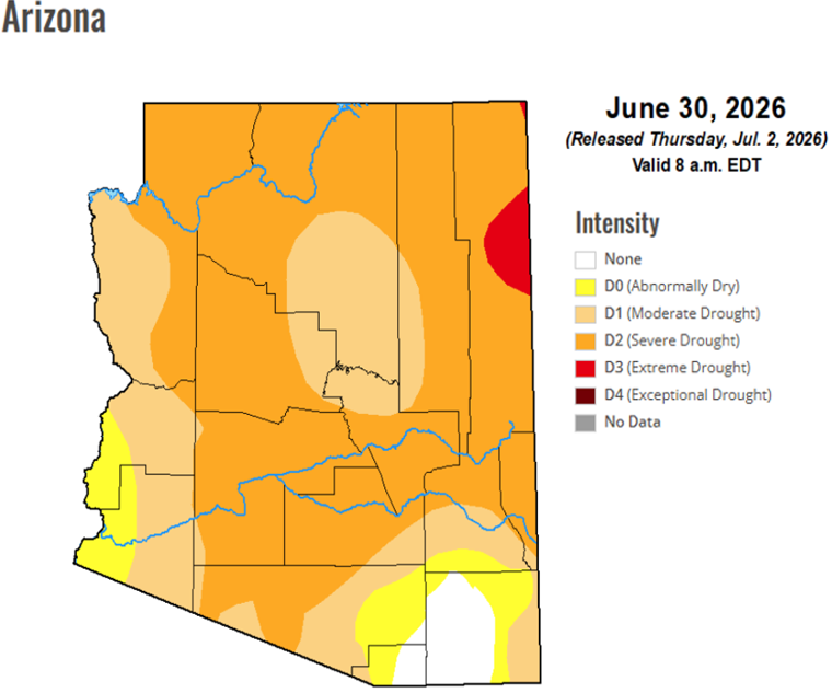 NWSTucson's tweet photo. Drought impacts have lessened across much of central and eastern Arizona due to the robust 2026 monsoon season.  In fact, most of eastern Pima County is in no drought status.  You have to go back to October 2024 the last time eastern Pima County was in a no drought status. #azwx https://t.co/te9XANmF4v