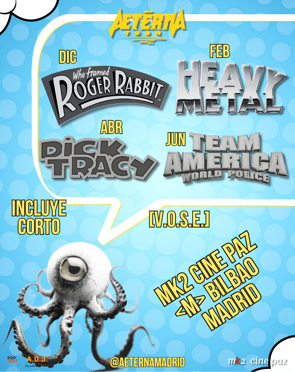 AeternaMadrid's tweet photo. 🎥 AETERNA TOON: TEMPORADA UNO 📽️

¿QUIÉN ENGAÑÓ A ROGER RABBIT?, HEAVY METAL, DICK TRACY y TEAM AMERICA: WORLD POLICE, ¡la preciosa alineación de la primera temporada de #AeternaToon en mk2 Cine Paz! Cuatro nuevas oportunidades únicas en pantalla grande, ¡no faltéis! https://t.co/eb8EVf7jJy