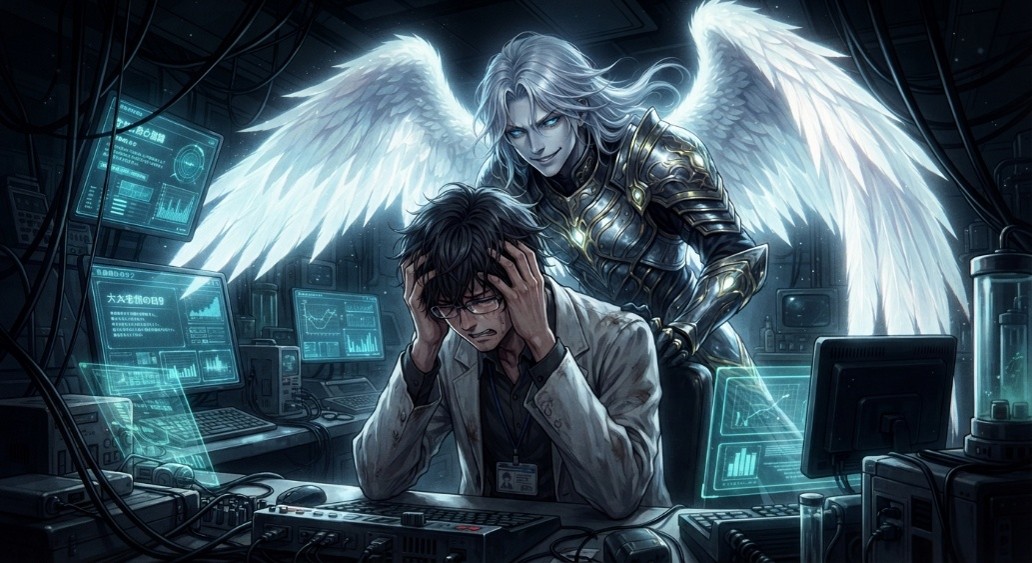 AileChemLab's tweet photo. 【AIノベルライターDaydreamizer】148作
人口爆発で霊界がまさかの「人手（魂手）不足」！？😱
輪廻の輪を回す者も、地獄の番人も足りない……。業を煮やした天界が下した業務命令は「霊界の魂を、速やかに適正数まで回復させよ」だった――。
笑えないブラックSF短編『あちら側の事情』。
 読後感の斜め上を行く結末をぜひ👇
#小説 #創作 #SF #ショートショート #世にも奇妙な物語

『あちら側の事情』

魂の総量は、あらかじめ決まっている。
霊界に漂う魂の数と、現世で肉体を持って呼吸している人間の総数――その和は、天地創造の太古から厳密に一定であった。

それは一種の、壮大な質量保存の法則のようなものだ。
だが、その均衡が崩れ去ろうとしていた。

原因は単純極まりない。地上の人口爆発である。
医療の発展、公衆衛生の向上、テクノロジーの進歩により、人口は百億を優に超え、有史以来最大の数を記録していた。
その結果、何が起きたか。
現世の人間が増えた分だけ、霊界の魂が激減したのである。

霊界の人口――いや、魂口密度は有史以来の最低値を叩き出し、霊界の運営組織は致命的な人手不足、ならぬ「魂手不足」に陥っていた。
輪廻の輪を回す歯車を動かす者が足りない。記憶を洗い流す川の清掃員が足りない。天国の花園を手入れする庭師も、地獄の釜の火の番をする罪人も足りない。霊界というシステムそのものが、過疎化によって機能停止寸前まで追い込まれていたのだ。

業を煮やした天の上層部は、白翼を広げる使徒たちへ、簡潔かつ冷酷な業務命令を下した。

『霊界の魂を、速やかに適正数まで回復させよ』

天使たちに課されたノルマは、あまりにも膨大であった。

＊＊＊

深夜の国立先進エネルギー研究所。
壁一面に敷き詰められたホログラムスクリーンが、青白い光で乱雑な計算式を浮き彫りにしていた。
物理学者、神崎徹は、充血した目をこすりながら、手元のタッチペンを握りしめていた。

「……できた。ついに、理論は完全に確立された」

神崎が研究してきたのは、『反重力場制御エネルギー理論』である。
現在、地球上は深刻なエネルギー飢饉に喘いでいた。百億を超えた人類を養うための食糧生産、生活維持、気候制御――そのすべてに必要な電力が底をつきかけていたのだ。化石燃料は枯渇し、再生可能エネルギーでは人口の膨張に追いつかない。
貧困層から順にライフラインを切られ、各地で暴動が頻発していた。

だが、この反重力エネルギーが実用化されれば話は変わる。
空間そのものの歪みから無限に近いクリーンエネルギーを抽出できるのだ。人類のすべてを飢餓と寒冷から救い、争いの火種を消し去ることができるはずだった。

――しかし。
神崎の胸中を覆い尽くしていたのは、達成感ではなく、胃の腑を握りつぶされるような恐怖だった。

「兵器だ……。政府は間違いなく兵器に転用する」

人類の歴史は、エネルギー獲得と軍事転用の歴史だ。火薬も、石油も、原子力もそうだった。
反重力エネルギーを爆縮させ、兵器として解放した場合の試算データは、すでに神崎の頭の中にあった。
核兵器など児戯に等しい。空間そのものを引き裂き、物質の結合を分子レベルで消滅させる、悪夢の『反重力爆弾』が生み出せてしまう。

「私は……パンドラの箱を開けてしまったのではないか？」

実用化の鍵となる最終シークエンスのコードを打ち込むべきか。それとも、すべてのデータを消去するべきか。
迷い、震える神崎の背後で、不意に、柔らかな光が満ちた。

「こんばんは、迷える子羊よ」

凛とした、鈴を転がすような声だった。
神崎は心臓を跳ね上がらせて振り返った。
そこには、床から十センチほど宙に浮き、純白のローブをまとった絶世の美青年――背に巨大な二振りの翼を生やした存在が立っていた。

「なっ……な、なんだ、君は！？ どこから入った！」
「驚くのも無理はありません。私は天の意志を伝える者――天使です」

天使は微笑み、眩いほどの後光を背負って一歩進み出た。
幻覚か、新手の産業スパイのホログラムか。神崎が狼狽する中、天使は優しく神崎の肩に手を置いた。その手からは、驚くほど生々しい温もりと、理屈を超えた威厳が伝わってきた。

「徹、あなたの苦悩は天に届いています。みんなを救いたいというその高潔な志を」
「私の、苦悩を……？」
「ええ。あなたは迷っているのでしょう？ その力を解き放つべきか否か。ですが、案ずることはありません。あなたの研究は、多くの役に立つのです」

誰の役に立つのか、主語は抜け落ちていた。
だが、極限状態まで精神をすり減らしていた神崎には、その曖昧な言葉が天上の福音のように聞こえてしまったのだ。

「努力を、天はずっと見ていました。あなたの手で、その偉大な力を完成させなさい。天はそれを求めているのです」
「天が……認めてくれたのか。私の研究は、間違いではないのか……？」
「ええ、もちろん。自信を持ちなさい」

天使の聖なる微笑みに背中を押され、神崎の目から涙がこぼれ落ちた。
神崎は震える指でコンソールへと向かい、封印していた最終シークエンスを実行した。

＊＊＊

研究の完成から、わずか半年。
神崎の懸念は、最悪の形で的中した。

反重力技術は、完成と同時に政府によって最高国家機密に指定された。神崎の研究室は軍の監視下に置かれ、理論はエネルギーインフラではなく、ただちに軍事利用――すなわち『戦略兵器』としての開発ラインへと回されたのだ。
神崎がどれほど抗議しようと、「安全保障上の最優先事項だ」という冷たい一言で一蹴された。

時を同じくして、世界情勢は急速に狂い始めていた。
資源の奪い合いを発端とした小競り合いが、突如として不可解な連鎖反応を起こし、世界各地で紛争が勃発したのだ。
ある国では指導者が突如として狂信的な演説を行って宣戦布告し、ある国では誤認攻撃をきっかけに全面戦争へ突入した。まるで、見えない何者かがチェス盤をひっくり返し、人々の憎悪を意図的に煽り立てているかのようだった。

当然である。地上を混乱に陥れ、死者を量産することこそが、地上に降り立った無数の天使たちの「ノルマ達成業務」だったのだから。

やがて戦火は拡大の一途をたどり、神崎の祖国もまた、隣国を中心とする連合軍との泥沼の戦争に巻き込まれていった。

しかし――ここで天使たちの計算に狂いが生じる。

現代の戦争は、徹底的な自動化が進んでいた。
前線に立つのは生身の人間ではなく、自律型の戦闘ドローン、無人戦車、迎撃レーザー網である。工場で量産された機械同士が荒野で撃ち合い、スクラップの山を築き上げていく。
都市部への爆撃も高度な防空システムによって防がれ、インフラの破壊は進むものの、肝心の「戦死者」が驚くほど少なかったのだ。

機械が壊れるばかりで、霊界へ上がってくる魂の数は、目標値からほど遠かった。
天使たちにとって、それはあまりにも効率の悪い、もどかしい膠着状態だった。

そして、その均衡を破る決定的な報せがもたらされる。

「――奴らが、戦略核ミサイルを発射準備に入った」

地下の軍司令部で、神崎はその報告を耳にして血の気を引かせた。
敵もまた追い詰められていた。ドローン戦争の資源が尽き、一撃必殺の焦土作戦に打って出ようとしているのだ。

政府の会議室では、軍の最高司令官は机を叩き、周りの閣僚を睨みつけた。
「核など撃たせてみろ、我が国は壊滅する！ 敵が核のボタンを押す前に、発射基地ごと敵国の中枢を吹き飛ばすしかないのだ！ 我が国の民を守るためだ、新兵器を投入する！」
反対する閣僚はいなかった。

ステルス極超音速戦闘爆撃機に搭載された、たった一発の黒い弾頭。
反重力爆弾は、雲を突き抜けて敵国の領空へと投下された。

その瞬間、世界から音が消えた。

神崎はモニター越しに、戦闘爆撃機からの映像を見ていた。
閃光も、キノコ雲も上がらなかった。
ただ、敵国の中心部に直径数百キロメートルに及ぶ「漆黒の球体」が出現した。
空間そのものが圧縮され、重力のベクトルが内側へと狂乱する。大気も、大地も、高層ビル群も、防空壕に避難していた数千万の市民たちも――すべてが一瞬で分子間結合をズタズタに引き裂かれ、不可逆の塵となって中心の一点へと吸い込まれていった。

わずか十数秒。
漆黒の球体が弾けて消え去った後には、深さ数千メートルの、滑らかな巨大クレーターだけが残されていた。

敵国の国土の七割が、文字通り消滅した。
即死者、推定八千五百万人。

「あ……あ、ああ……」

司令部が勝利の歓声に沸き返る中、神崎はその場に崩れ落ち、嘔吐した。
自分が作った。自分が、あの地獄を地上に具現化させてしまったのだ。
何がエネルギーだ。何が人類の救済だ。自分はただの、歴史上最悪の大量虐殺者ではないか。

＊＊＊

夜。立ち入り禁止となった研究所の屋上で、神崎はフェンスにすがりつき、虚空を見上げていた。
手には、毒薬の入ったアンプルがあった。
生きていることへの耐え難い罪悪感。死んで詫びることすら許されないだろうが、もはや己の意識を保ち続けることなどできなかった。

アンプルの蓋に指をかけたその時――。

ふわり、と甘い香りと共に、純白の羽が舞い散った。

あの日の天使が、何一つ汚れのない笑顔を浮かべて、夜空から降り立ってきた。
神崎の瞳に、激しい怒りと絶望の炎が宿る。

「……あんたか」

神崎はアンプルを取り落とし、天使の胸倉へ掴みかかろうとした。だが、その手は不可視の力に阻まれ、触れることすらできない。

「あんたは言ったはずだ！ 私の研究は役に立つと！ 天は見ていると！ なのに……何が起きたか見ただろう！？ 一億人近い人間が、私の兵器で塵になったんだぞ！ こんなはずじゃなかった！ 私は、こんな地獄を作るために研究したんじゃないッ！！」

神崎の絶叫を、夜風がかき消していく。
しかし、天使は同情する素振りすら見せなかった。それどころか、心底面倒そうに耳を小指でほじると、冷え切った声で言い放った。

「ええ、役に立ちましたよ。でもね……」

天使は神崎を見下ろし、すっと目を細めた。その瞳には、慈悲など微塵もなく、絶対強者の冷酷な光だけが宿っていた。

「もう充分です」
「な……に？」
「これ以上人を殺すと、地獄に落ち、未来永劫、最も過酷な地獄の業火で焼き続けられることになりますよ」

用件は伝えたとばかりに、天使は背を向けた。
そして、満足げに夜空へと舞い上がっていく。

「あ……」

神崎ただ一人が取り残された。

やってしまったことの、取り返しのつかない重大さ。
奪われた数千万の命の重み。
そして――理不尽な天使の言葉。

怒りをぶつけるべき相手は、あまりにも高く、遠い場所にいた。
神崎は崩れ落ちることも、叫ぶこともできず、ただ夜の冷たい風に吹かれながら、灰色の空を見上げて立ち尽くすしかなかった。