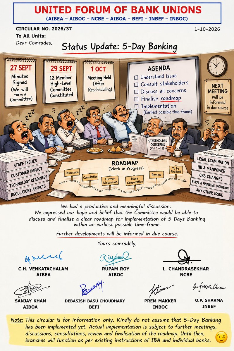 aam_adhikari's tweet photo. What an extremely productive meeting it was today! 👏 

“Further developments will be informed in due course.” 

Such a big Win for Bankers!

The entire banking fraternity is blessed to have such tireless well-wishers. 🙏😂
@ChVenkatachalam @rupamsmail @UFBUIndia @ChairmanIba https://t.co/zJX597DNA5