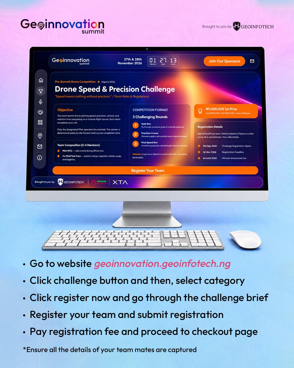 Geoinnovation_'s tweet photo. Follow this guide to find the registration option that’s right for you 

✔️Drone Race
✔️Geoinnovation Challenge

Registration is open! Secure your spot at https://t.co/1k1hEqlCaE 

Follow @geoinnovationsummit for updates as we count down to the summit.

#geoinnovationsummit2026 https://t.co/2MJ18t7Hjo