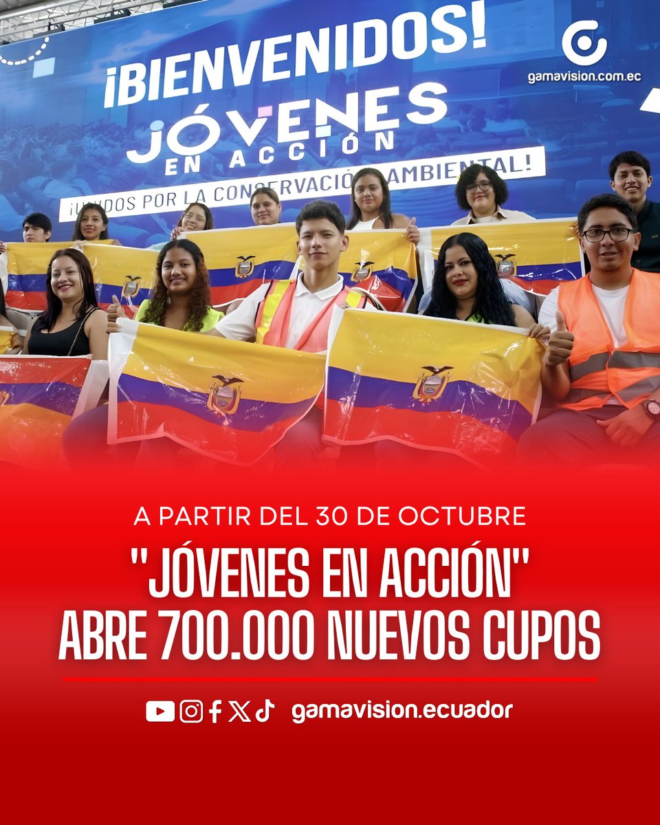 GamaNoticiasEc's tweet photo. 🚀🤝 El presidente de la República, Daniel Noboa, anunció el lanzamiento de una nueva fase del programa "Jóvenes en Acción", que abrirá 700.000 nuevos cupos para aquellos que no lograron ingresar en convocatorias anteriores.

Esta iniciativa de dos meses de duración incluye capacitación y una pasantía remunerada, entregando un estipendio de USD 400 mensuales de forma anticipada: el primer pago se realizará el 30 de octubre y el segundo el 27 de noviembre.

Las personas interesadas ya pueden revisar los requisitos y realizar su proceso de inscripción ingresando al portal oficial del programa.

📌 Más información: https://t.co/TL078pHCAA
