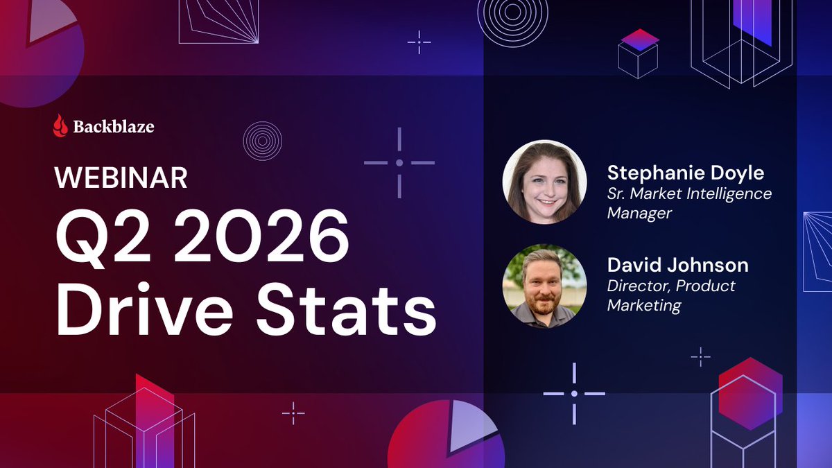 backblaze's tweet photo. Explore the findings from 354,415 hard drives with Stephanie Doyle and David Johnson in our Q2 2026 Drive Stats webinar: failure rates, standout models, and evolving drive technology.

Oct. 8 | 12 p.m. PT / 3 p.m. ET

Register: https://t.co/5pv82cokAg https://t.co/F4l25Djtep