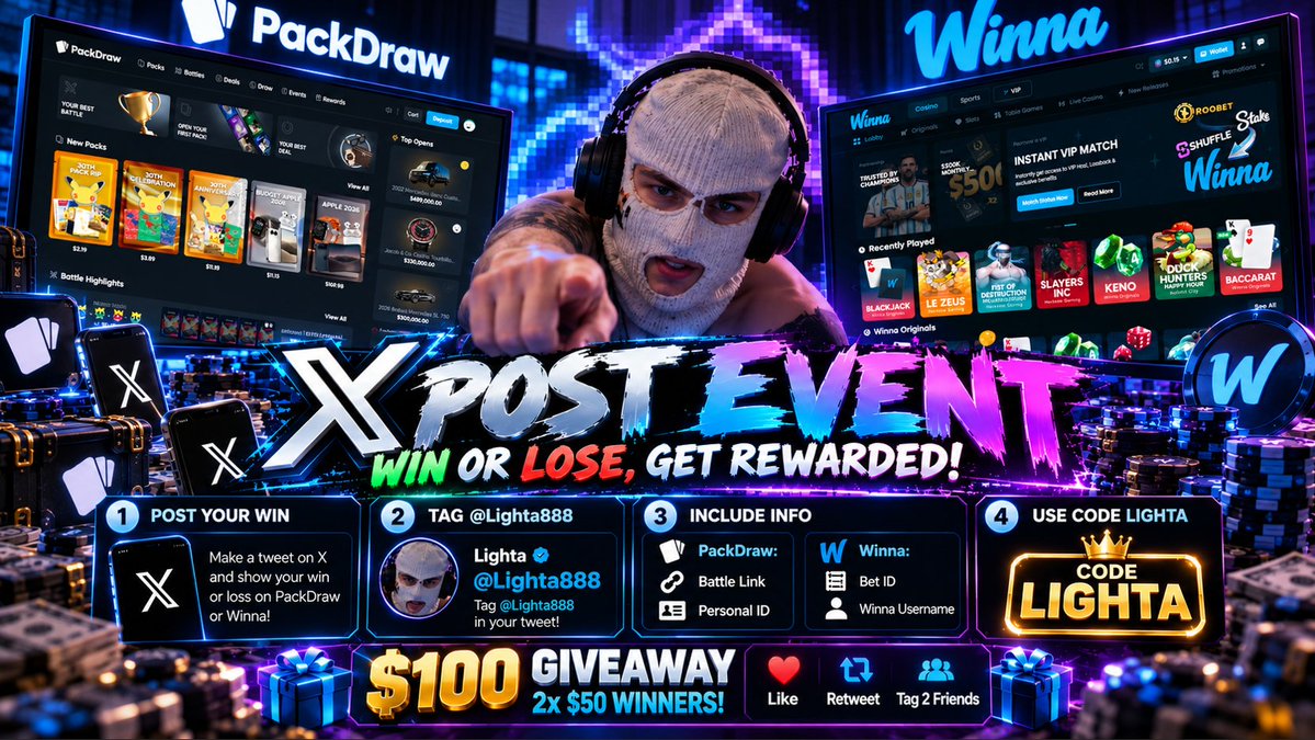 lightarewards's tweet photo. 🎁 X POST EVENT — WIN OR LOSE, GET REWARDED!

Hit something BIG or had a CRAZY unlucky loss on PackDraw or Winna using CODE LIGHTA? 👀💰

📢 Make a Tweet on X, show us what happened and tag @Lighta888! 🔥

📦 PACKDRAW: 🔗 Battle Link 🆔 Personal ID
💙 WINNA: 🎰 Bet ID 👤 Winna Username

Selected community posts may receive an EXTRA BONUS ON TOP! 🎁💸
👑 Must be using CODE LIGHTA

Post it. Tag @Lighta888. You might get picked. 👀🔥

🎉 $100 GIVEAWAY — 2x $50 WINNERS!
❤️ Like + 🔁 Retweet
👥 Tag 2 Friends
Good luck! 🍀🔥
