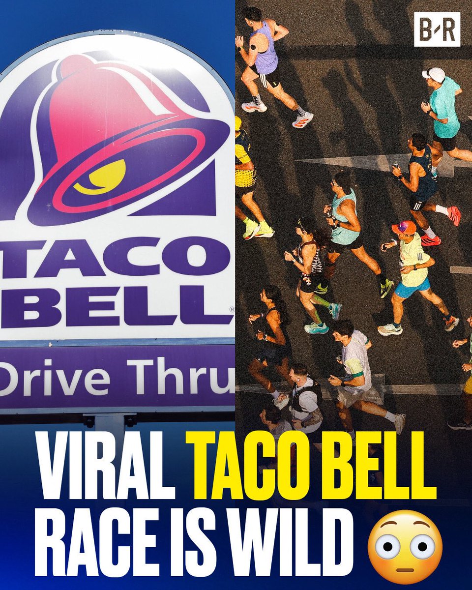 BleacherReport's tweet photo. Runners must stop at 10 Taco Bell locations and eat a menu item at 9 of them during this ultramarathon  🤯🌮

See more wild rules for this race: https://t.co/LP8GNiM42p https://t.co/qGcInn6buQ