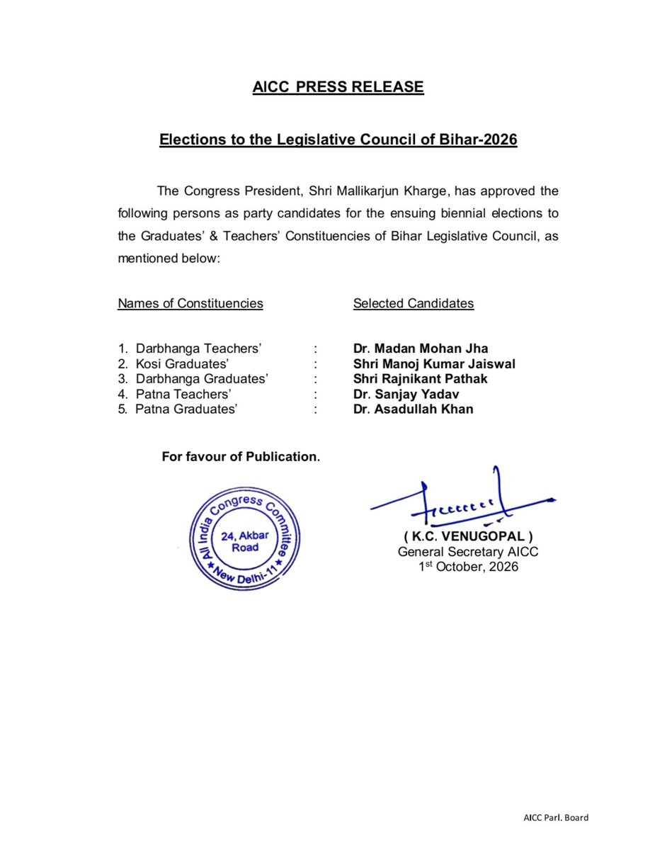 INCSandesh's tweet photo. The Congress President, Shri Mallikarjun Kharge, has approved the following persons as party candidates for the ensuing biennial elections to the Graduates' &amp; Teachers' Constituencies of Bihar Legislative Council, as mentioned below: https://t.co/kCsiEjBIVK