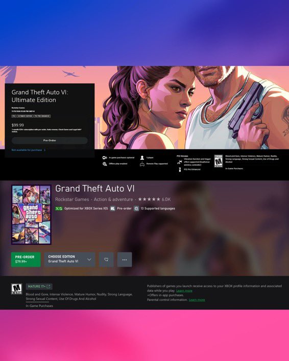 tud0osobregames's tweet photo. GTA 6 agora está oficialmente classificado como Mature 17+ no PlayStation e Xbox.

- Sangue e Violência Gráfica
- Violência Intensa
- Humor Maduro
- Nudez
- Linguagem Pesada
- Conteúdo Sexual Explícito
- Uso de Drogas e Álcool
- Compras Dentro do Jogo https://t.co/jiEC7lnS4i