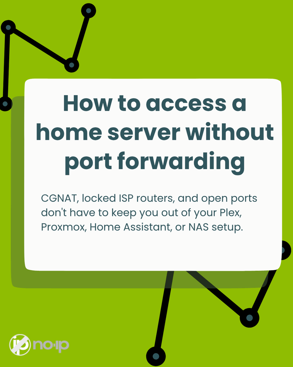 NoIPcom's tweet photo. Port forwarding behind CGNAT isn't happening. Here's how to reach your home server anyway: a reverse tunnel plus Dynamic DNS, with no open ports. Swipe for the 4-step breakdown 👉 https://t.co/Wb0S61L8N6