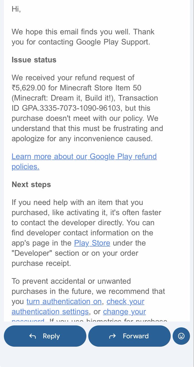 batpateeki's tweet photo. @vermapwan @MojangSupport @GooglePlay @GoogleIndia @XBOXSupport Is there any other way. How did you got ur refund. Did they told you that this transaction dont meet our policy. I am getting this type mai from there @vermapwan https://t.co/5FpBt4RTY1