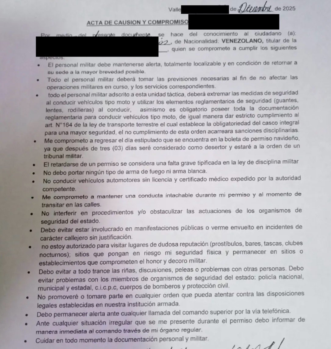 ConflictsW's tweet photo. During Christmas leave in 2025, GNB and other FANB personnel had to sign these letters for their leave to be authorised. 
This one dated December 28th states that any personnel on leave must be able to return to their base immediately in the event of any ‘irregular situation’. https://t.co/wy7WJKcHaO