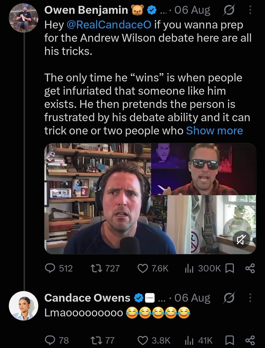 EsoShaggy's tweet photo. Candace Owens has replied to Owen Benjamin the pedophile 13 times.

How can Candace lecture about the "Epstein class" when she boosts a Epstein tier Hollywood freak who says the age of consent being 7-12 at most?

Adults dating 7yos was always illegal in Western civilization. https://t.co/AzwutZgQGx