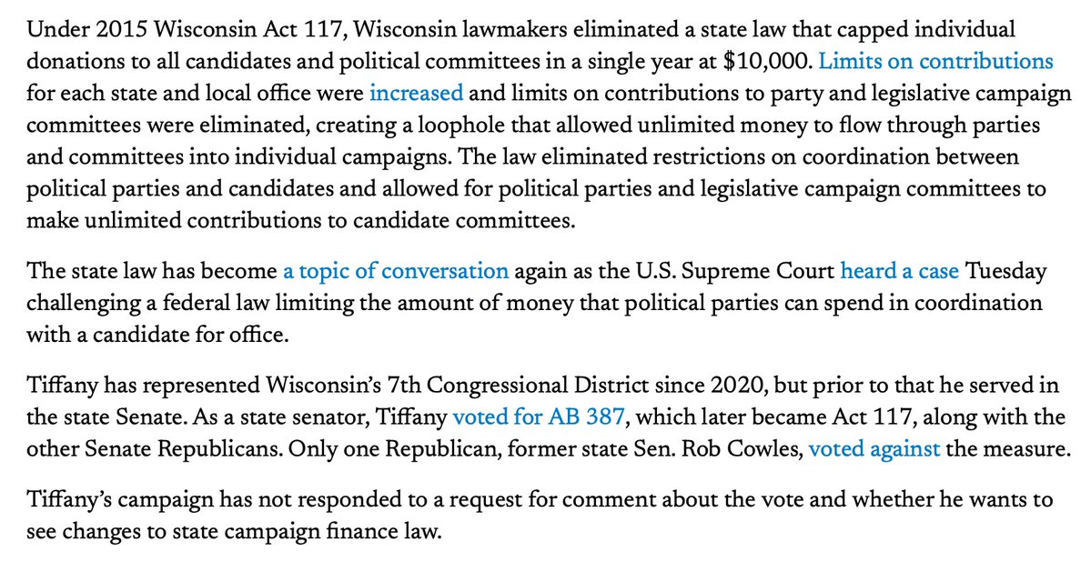 synathroesmus's tweet photo. As a GOP state senator in 2015, Tom Tiffany voted for the legislation and "billionaire loophole" that is currently benefitting him to such an outsized, obscene degree in this governor's race. He should honestly be mortified that three billionaires are funding 92% of his campaign. https://t.co/GFJzZIDblq