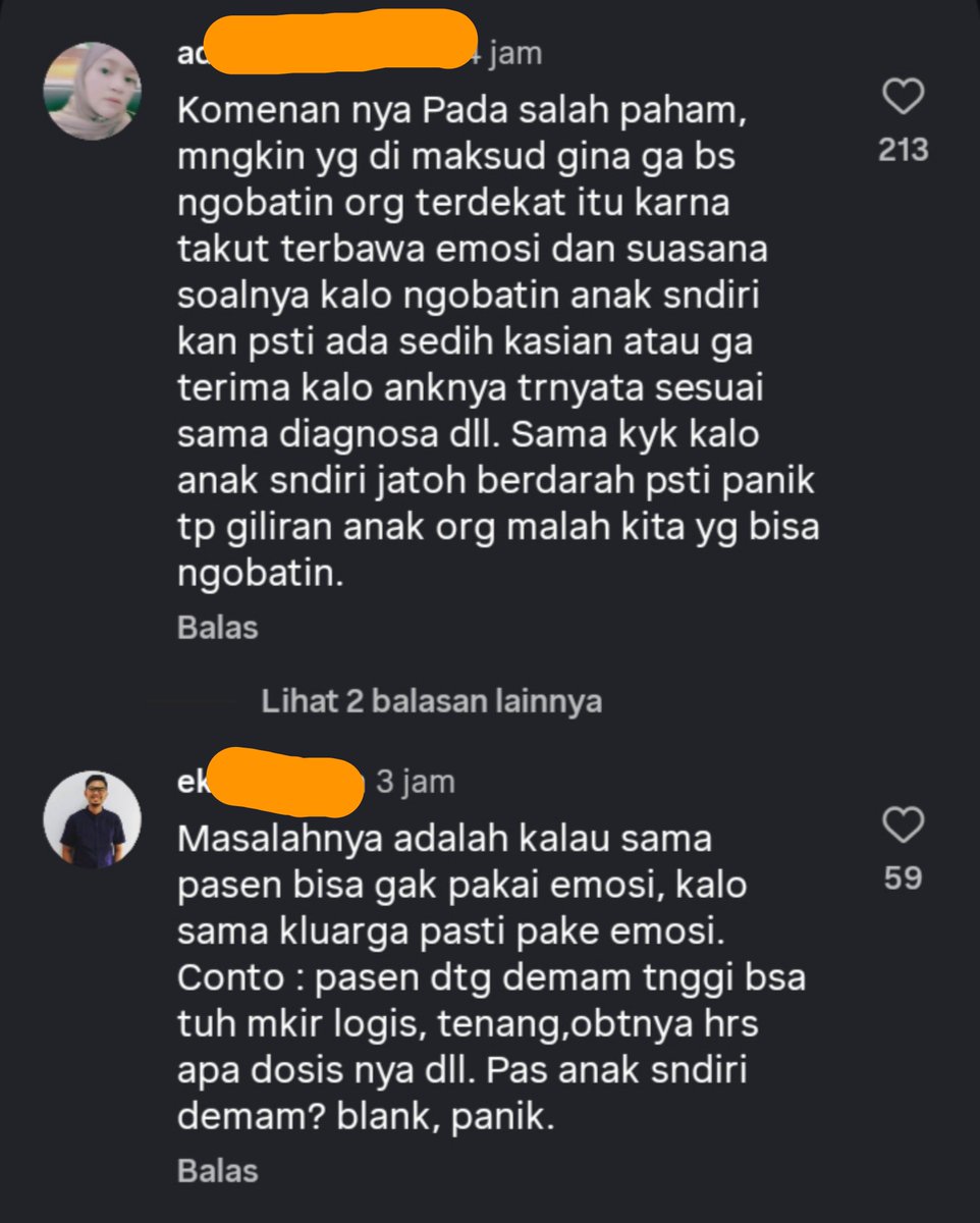seduhtehnya's tweet photo. Dilema dokter ngobatin keluarga sendiri lagi ramai dibahas nih!

Di konten PWK, Nycta Gina ngaku nggak berani ngobatin anaknya sendiri walau dirinya dokter 🙀

Alasannya karena takut beban moral dan rasa bersalah seumur hidup kalau sampai salah gitu. Jadi walau Gina paham anaknya sakit apa, dia tetep minta second opinion ke dokter lain. Menurut dia, dokter lain juga suka gitu kok!

Sayangnya netizen malah suuzon, salah satunya bilang: 'Kalau ke orang lain nggak ada tanggung jawab moral?'

Tapi nggak sedikit juga netizen yang pro dengan belain kalau dokter ngobatin keluarga itu pasti pakai emosi dan panik yang bikin blank jadi bisa nggak objektif.

Jujur, Mintea bingung kok ada netizen yang mikir sampai ke sana. Perasaan yang disampaikan Nycta Gina ini manusiawi deh.. 🤷‍♀️