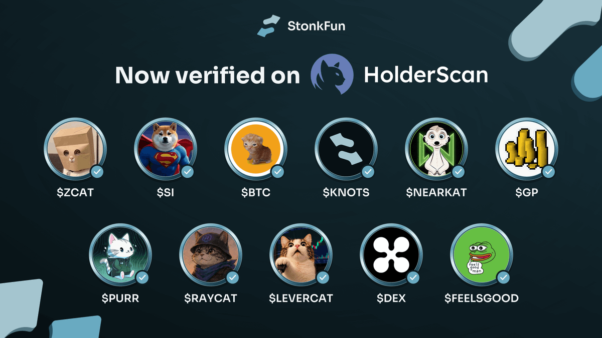 LaunchOnSF's tweet photo. Every StonkFun Million Dollar Club token is now verified on @HolderScan.

Verification unlocks tracking for the top 1,000 holders, average hold time, retention, new holders, and more.

More power to the holders. https://t.co/2BIXEn0iP6