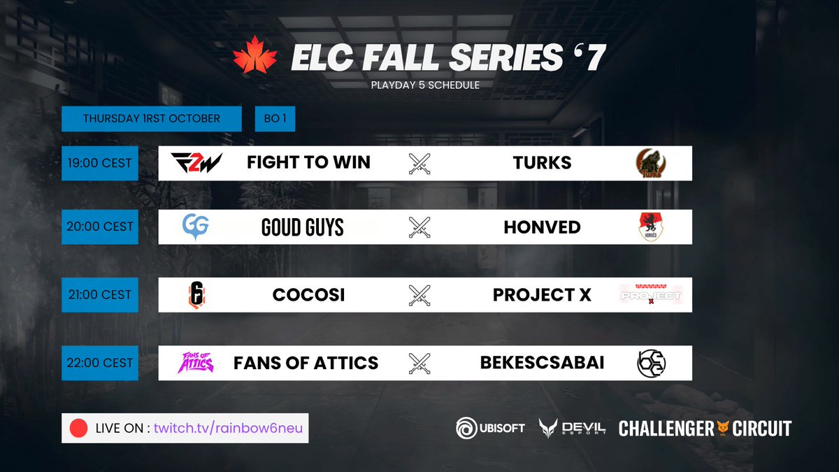 ELC_EsportsR6's tweet photo. [𝐄𝐋𝐂 𝗙𝗮𝗹𝗹 𝐒𝐞𝐫𝐢𝐞𝐬 #𝟳]

Tonight, its a Playday 5 for this Championship Division. Starting now :

⌚️19:00 #FIGHTTOWIN 🆚 #TURKS

🎙️ @KryzUKTwitch &amp; @matrixsenpai 
📺 @vPotatoooooo &amp; @ohotnxR6 
🎚️ @haz3shot 

🔴 https://t.co/WomNgozTCL

#WeAreELC #ELCFallSeries7 https://t.co/9ekCt7lCxi