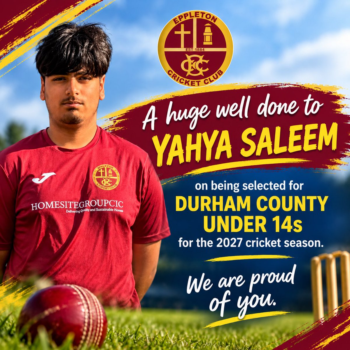 EppletonCC's tweet photo. A big congratulations to Yahya Saleem who has been selected for the Durham County Under 14s team for the 2027 season. 👏👏

Well done, Yahya. It’s throughly deserved after another great season for Eppleton and Durham. 💫

#ECC https://t.co/VSkhhJdAJq