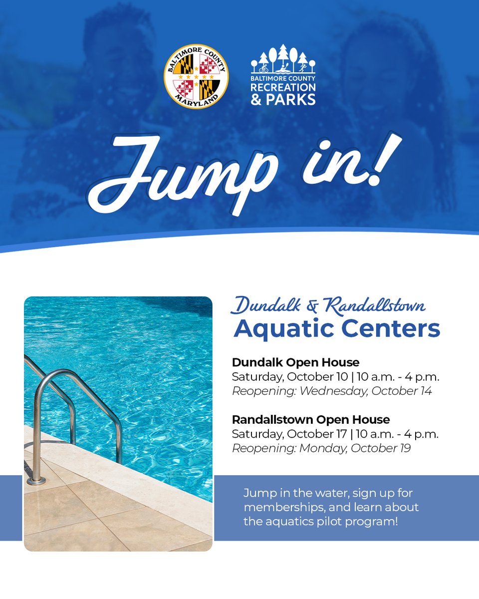 BaltCoGov's tweet photo. Jump in! 💦

The indoor pools at the Dundalk and Randallstown Community Centers will reopen this month offering open swim, discounted monthly memberships, and daily admission during an initial pilot period.

Join @BaltCoRec at our open houses to jump in the water, sign up for memberships, and learn about the aquatics pilot program!

For more information on hours, locations, memberships, and programming, visit https://t.co/GND54sckcr.