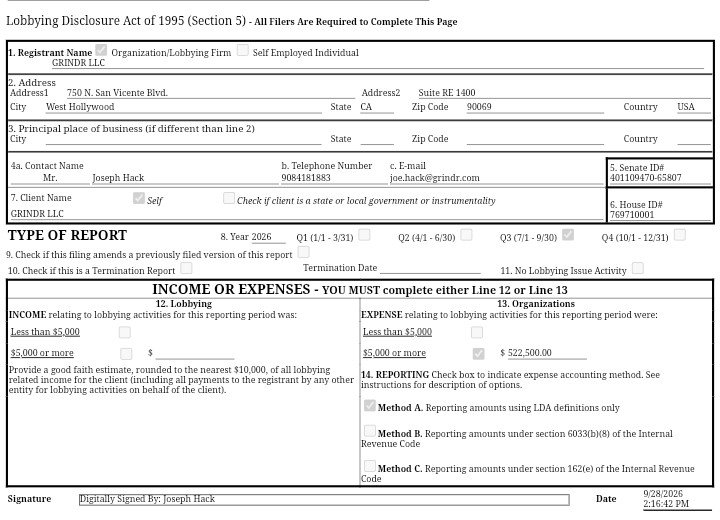 HowleyReporter's tweet photo. BREAKING: The gay hookup app Grindr lobbies the Trump administration and both parties in D.C. Grindr is pushing to get RID of its requirement to verify that users are at least 18 years old after it got sued by a 15-year old sex assault victim. Grindr recently thanked Mike Lee for helping their cause!

Grindr just disclosed another $522,500 in lobbying for Q3 2026, bringing their lobbying total this year to $1.48 million. Their top lobbyist is Republican Deb Fischer's former chief of staff Joe Hack.

Grindr's team has contacted both parties including staff for Susan Collins. Grindr has contacted the Trump administration including the Trump State Department. Trump Treasury official Shane Shannon went to a Grindr party after the White House Correspondents Dinner.

Grindr is lobbying for the App Store Accountability Act so Apple and Google, not the app, verify users are 18+. This comes after an alleged 15-year old sexual assault victim sued Grindr. The Senate sponsor for the bill is Mike Lee. Grindr’s lobbyist publicly thanked Lee’s leadership.