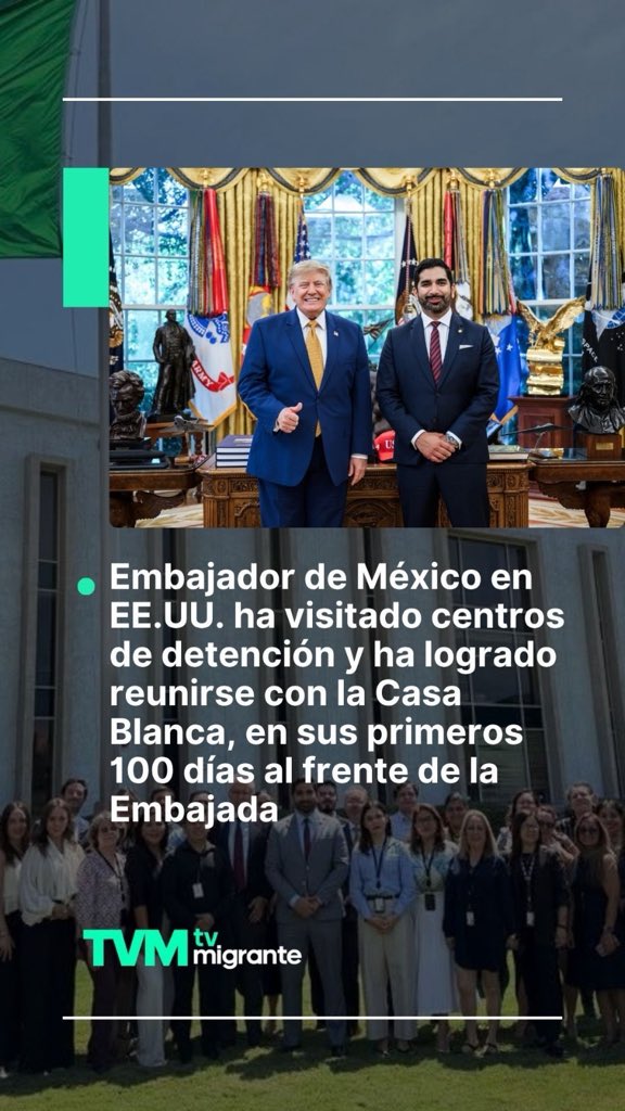 TvMigrante's tweet photo. #TvMigranteInforma

El embajador de #México en #EEUU, @robertolazzeri, informó que desde su llegada a la @EmbamexEUA la defensa de las y los mexicanos ha sido su prioridad; por lo que ha visitado los centros de detención de Prairieland y Montgomery, en #Texas, así como Caroline Detention Facility, en #Virginia, donde converso con los connacionales detenidos en esos centros, además, destacó que, se reunió con la #CasaBlanca y autoridades del @ICEgov con el fin de fortalecer la protección consular y el trato digno a nuestras y nuestros connacionales.