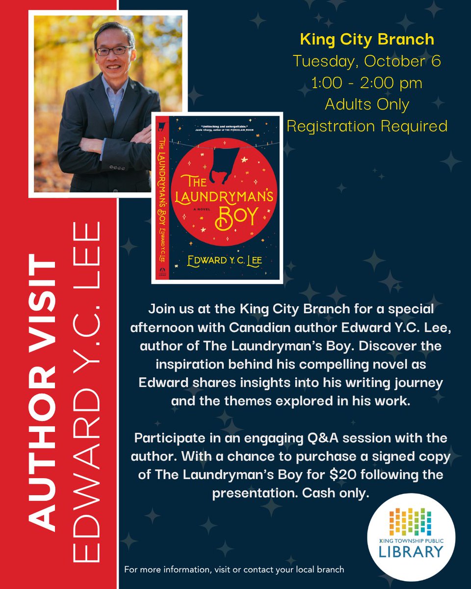 KingLibraries's tweet photo. Spend an afternoon with author Edward Y.C. Lee! Discover the story behind The Laundryman's Boy, hear about his writing journey, and participate in a live Q&amp;A.

📖Signed copies will be available for purchase for $20 after the event.

#EdwardYCLee #TheLaundrymansBoy #KingLibraries https://t.co/9ly2W5ITVz