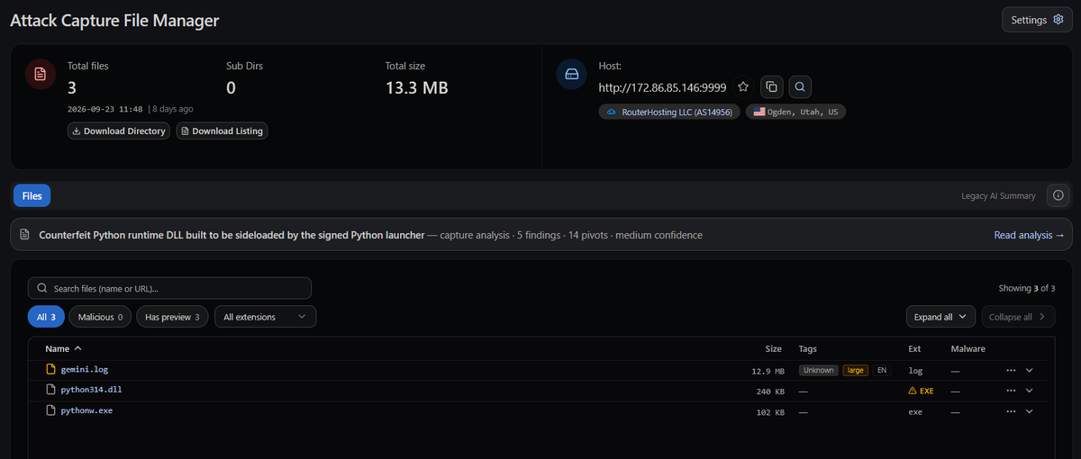 Huntio's tweet photo. ⚠️ #malicious #opendir hosted at 172.86.85.146[:]9999

AttackCapture URL: https://t.co/q7UL6QDZEs

Found by @malwrhunterteam https://t.co/hTBXBiorsp

1/ Flagged via AttackCapture: 172.86.85[.]146 (RouterHosting LLC / cloudzy[.]com, AS14956, Ogden, UT) runs a "PrivateC2 Login" panel on :5173 and an exposed n8n workflow-automation instance on :5678.

2/ An open dir on :9999 (nginx/1.24.0) holds pythonw.exe + python314.dll (a PyInstaller runtime pair) plus a 12.9MB gemini.log that's pure high-entropy binary - not a readable log, likely a packed/encrypted payload.

3/ HuntSQL pivot on html.head.title = 'PrivateC2 Login' since Jan 2026 turns up 2 more hosts running the same panel:

• 185.139.214[.]181 (ALEXHOST SRL) - plain HTTP, no MFA, basic build
• 23.95.217[.]154 (DataWagon LLC) - a Windows box (RDP :3389, SMB :445) running a newer build with MFA + SSO/OIDC login

4/ Same C2 panel, 3 hosts, 3 different providers, and a visibly iterating codebase.
