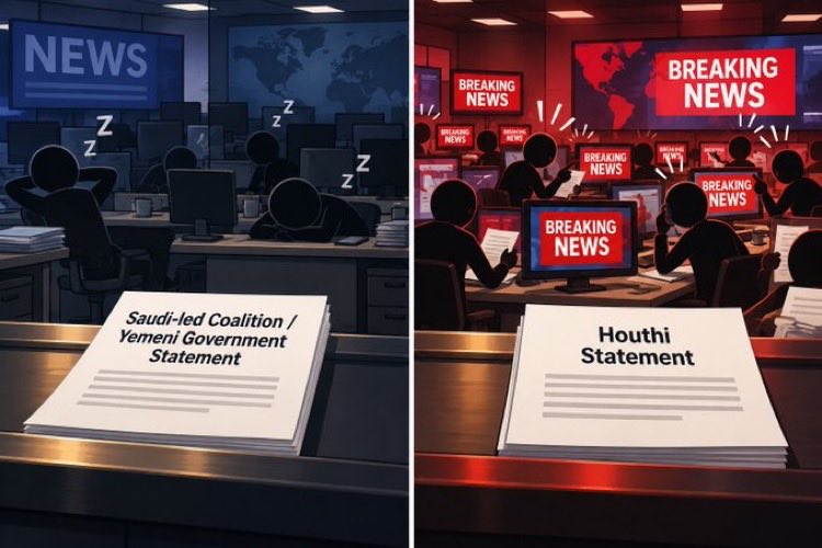 Fun4Raed's tweet photo. Whenever Yemen’s legitimate government or the Saudi-led Coalition puts out a statement about Houthi attacks, Western media takes its time reporting it.

But the moment the Houthis put out a statement, everyone rushes to report it.

The difference is hard to ignore. https://t.co/qQEnJiow8l