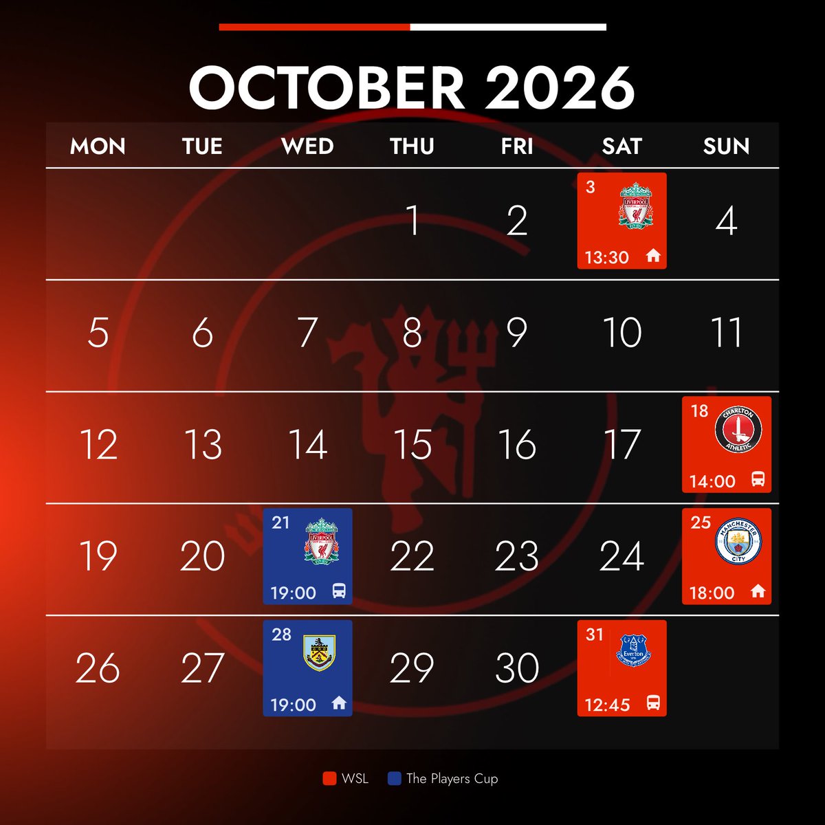 MUW_SC's tweet photo. October is here! 🔴⚫

A packed month ahead for United, with WSL action and The Players Cup on the calendar. Five big fixtures, starting with Liverpool this Saturday! 👊

📅 Here’s what October looks like for the Reds.

#MUWomen #MUWSC https://t.co/hlDwgMmC25