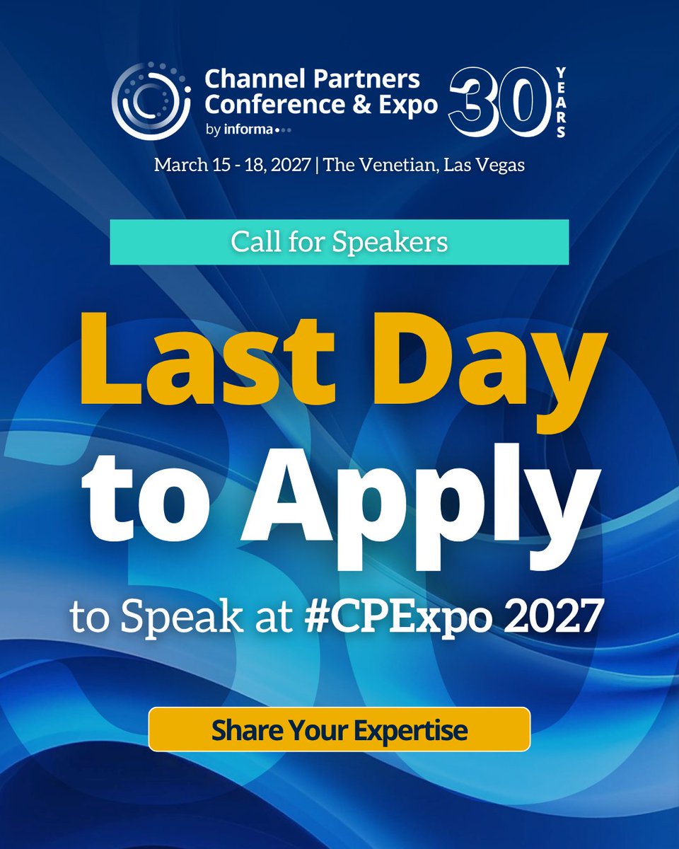 Channel_Expo's tweet photo. It's your last chance to apply to speak at #CPExpo 2027!

For our 30th anniversary, this is your opportunity to showcase your expertise on the world's largest channel stage and across our expanding digital ecosystem.

➡️ Submit your proposal: https://t.co/TK6m5mNbWv https://t.co/iWl7fBs9z7