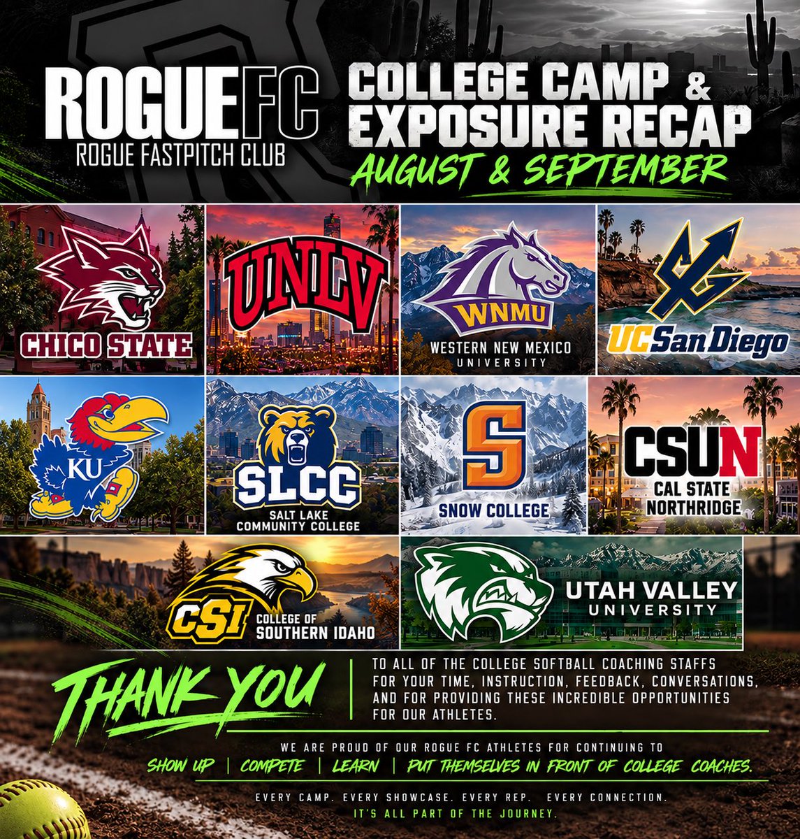 RogueFC_CP's tweet photo. 🥎 ROGUE FC | COLLEGE CAMP & EXPOSURE RECAP 🥎

August & September were all about exposure, development, and opportunity for our Rogue FC athletes! 🖤💚

Our players represented Rogue FC at college camps, prospect events, and exposure opportunities with:

🎓 Chico State
🎓 UNLV
🎓 Western New Mexico University
🎓 UC San Diego
🎓 Kansas
🎓 Salt Lake Community College
🎓 Snow College
🎓 CSUN
🎓 CSI
🎓 Utah Valley

A huge THANK YOU to each of these softball coaching staffs for investing their time in our athletes. We appreciate the instruction, feedback, conversations, and opportunities you provide players who are working toward competing at the next level.

We’re proud of our athletes for continuing to show up, compete, learn, and put themselves in front of college coaches.

Every camp. Every showcase. Every rep. Every connection.
It’s all part of the journey.

Keep working. Keep building. Keep earning opportunities. 🥎

@UVUSoftball @UNLVSoftball @KUSoftball @CSUNSoftball @SnowcollegeS @UCSDsoftball @ChicoStateSB @wnmu_sb @SLCC_Softball @CSISoftball 

🖤💚 ROGUE FC – CHOATE/PEREZ

#RogueFC #RogueFastpitch #CollegeSoftball #SoftballRecruiting #ProspectCamp #ExposureShowcase #NextLevel #StudentAthletes