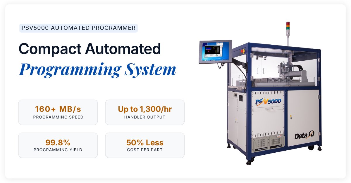 DataIO_Company's tweet photo. Automated programming at a size that fits. The PSV5000 delivers full LumenX performance in a compact footprint, with room to scale up to 5 engines as volumes grow. Up to 50% lower cost per part vs. manual programming.
https://t.co/Ljj0dqPF86
#DAIO #PSV5000 #DeviceProgramming https://t.co/8NJmS9JRyK
