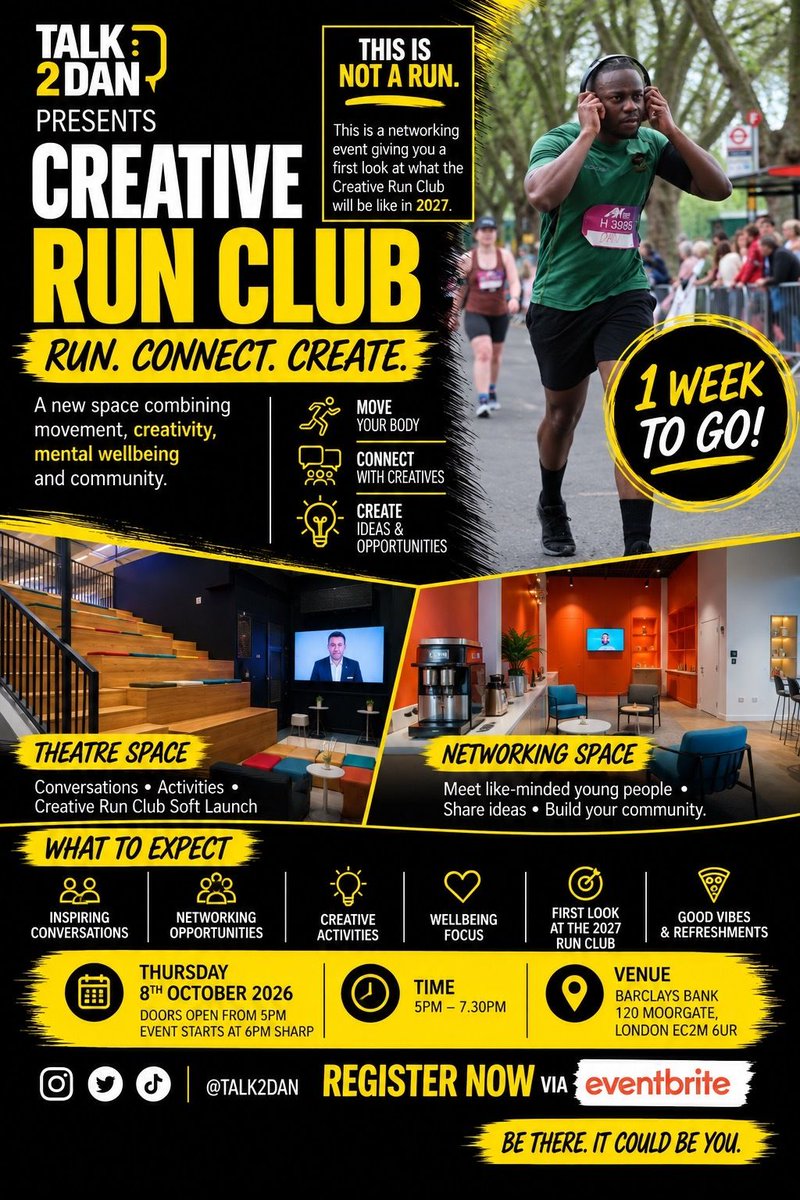 talk2dan_'s tweet photo. 🚨 1 WEEK TO GO! 💛🖤
⚠️ THIS IS NOT A RUN.
Join us for the Creative Run Club soft launch 👀
🎭 Theatre Space: conversations + creative activities
🤝 Networking Space: meet, connect + build your community
📅 8 Oct | 📍 Moorgate
🎟️ LINK IN BIO
#RunClub #networking https://t.co/WukUNBXIiR