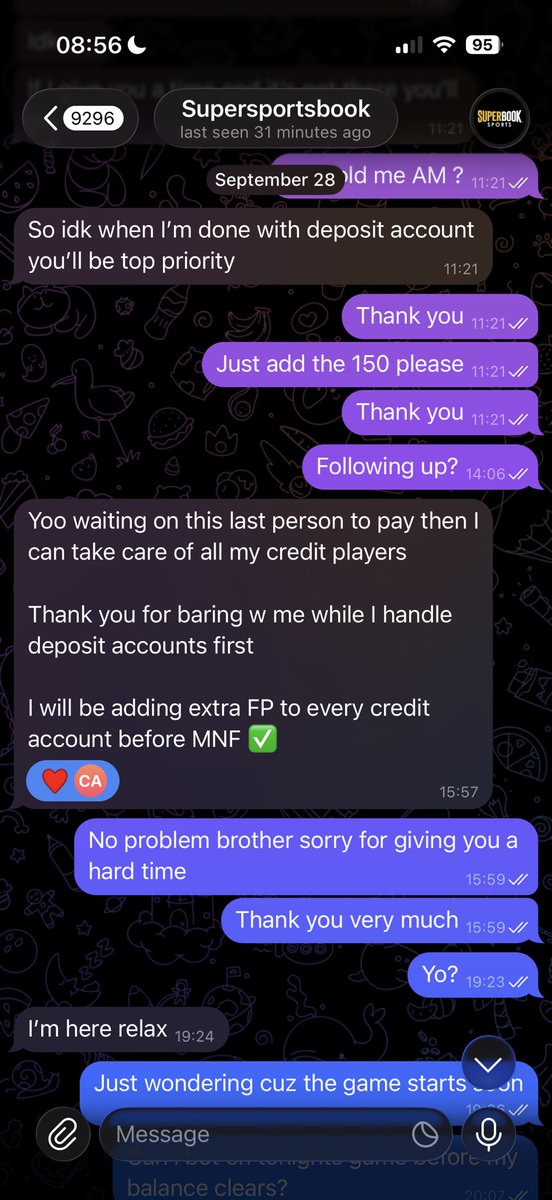 Tom20Ball's tweet photo. Hello everyone, here to warn you that @Supersportsbook is a scam of a bookie. He does not pay his winners but makes losers pay. He ran with my deposit and refused to pay me my profit. Please be aware of this scam of a bookie. Dont fall for it like i did https://t.co/l0mpXImLC6