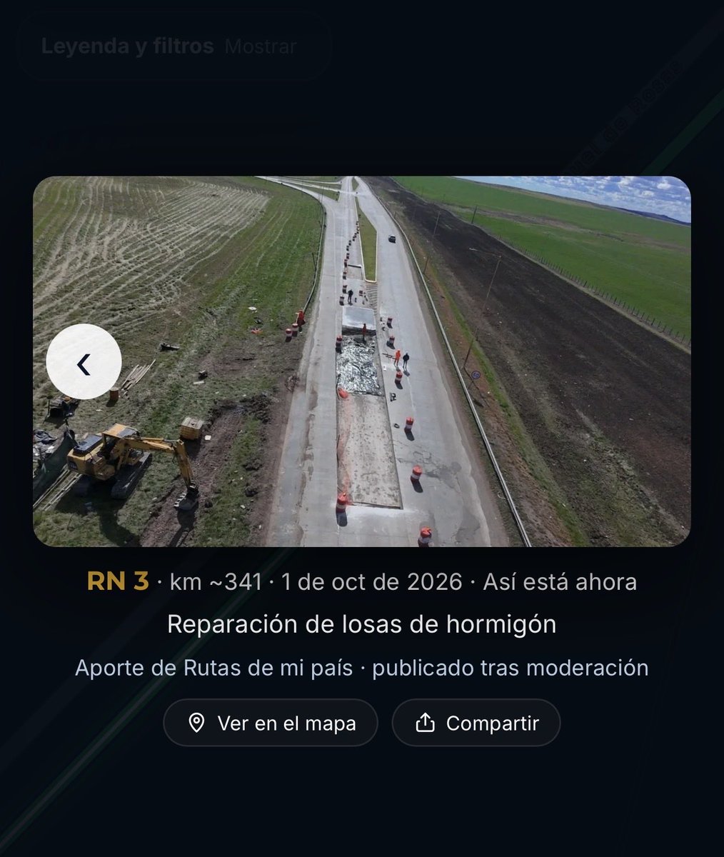 StereoHodler's tweet photo. Ya empezaron a enviar los primeros aportes y así se ve. Muchas gracias a quien lo hizo 💪
Dar visibilidad al estado de las rutas Argentinas es algo que nunca se hizo y creo que entre todos podemos impulsar que como habitantes de este hermoso País estamos observando, tanto a la labor del privado, como la iniciativa del Gobierno. 
No nos quedemos callados, esto es algo bueno para todos y va a quedar para nuestros hijos y eventualmente para nuestros nietos.
Gracias también a quienes envían correcciones ❤️