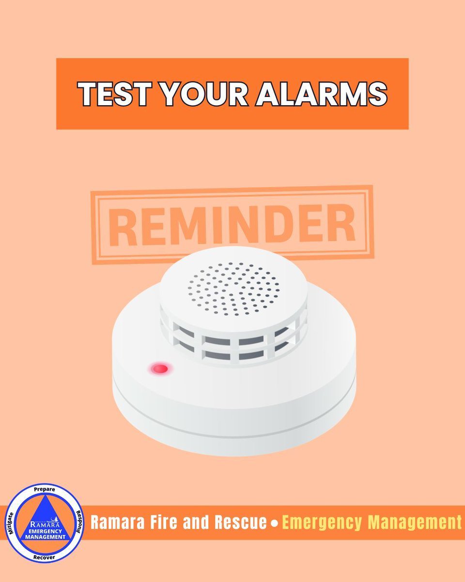 ramarafire's tweet photo. 📅 New Month, Test Your Alarms.

Testing alarms can save your life.

✅ Test every smoke alarm in your home.
✅ Replace batteries if needed.
✅ Alarms must be installed on every level of your home and outside all sleeping areas.
✅ Replace smoke alarms that are 10+ years old. https://t.co/xBUHfZscpv