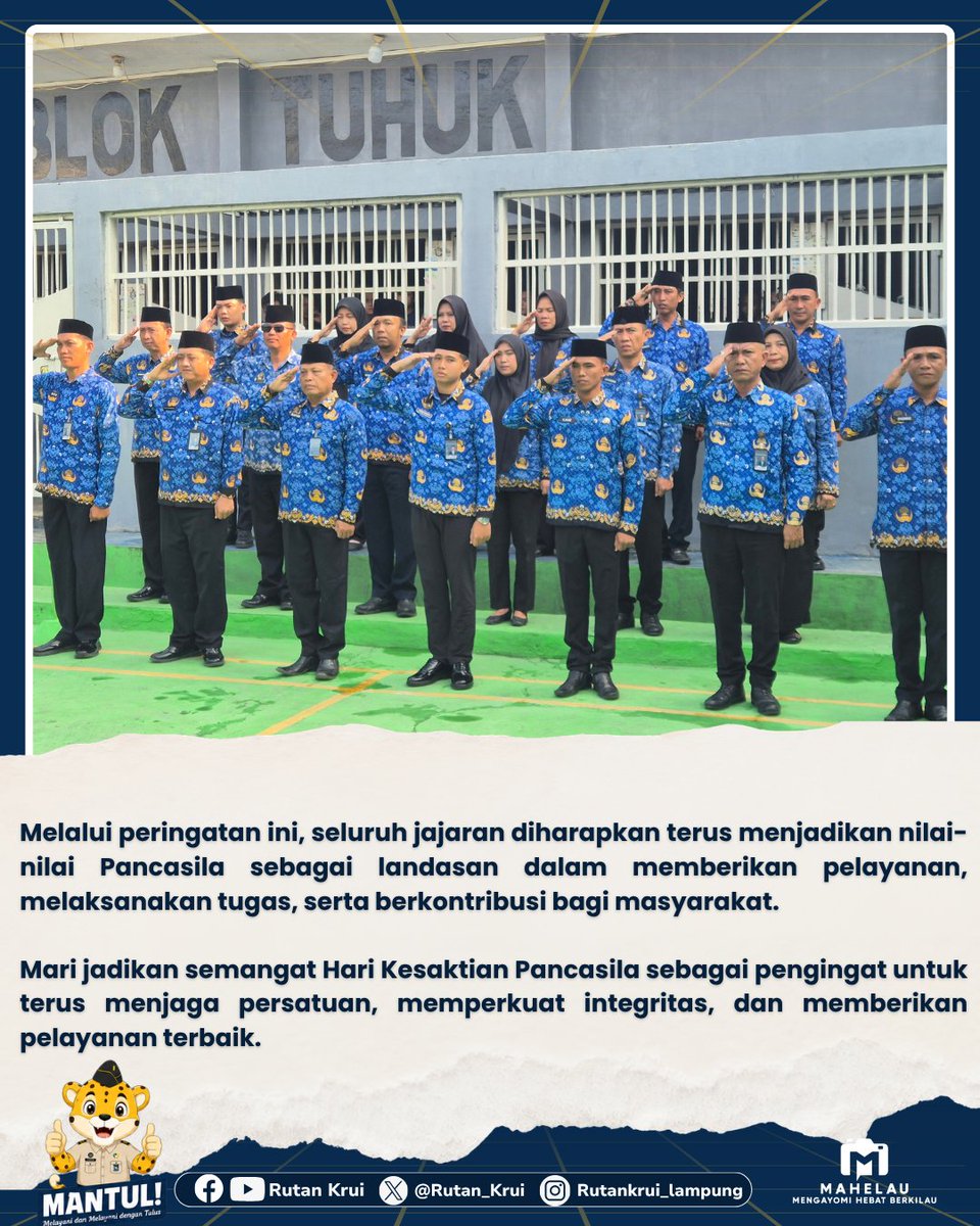 RutanKrui's tweet photo. PANCASILA PEMERSATU, SEMANGAT UNTUK TERUS BERKONTRIBUSI!

Rutan Kelas IIB Krui menggelar Upacara Peringatan Hari Kesaktian Pancasila Tahun 2026, Kamis, 1 Oktober 2026, dengan tema “Pancasila Pemersatu Bangsa Menuju Indonesia Berdaulat, Adil, dan Makmur.” https://t.co/K908jnk6Ks