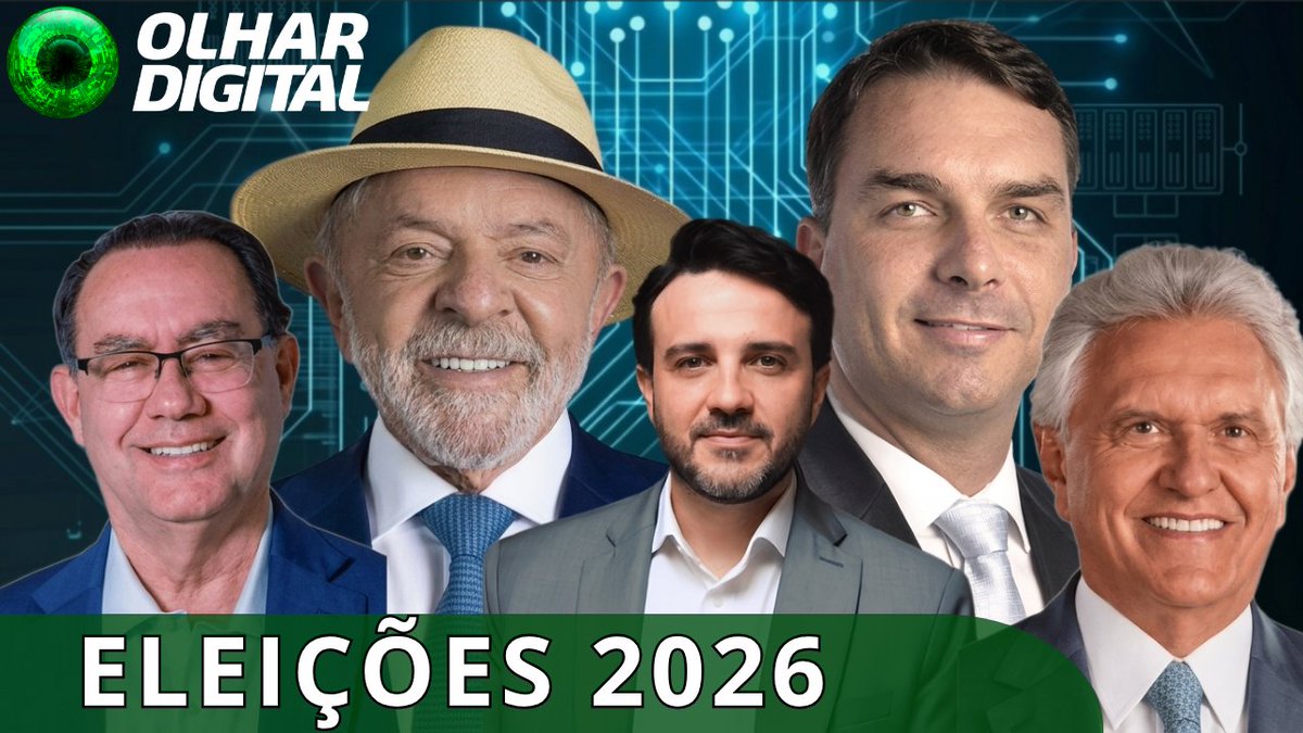 A political graphic titled 'OLHAR DIGITAL' displays five men's faces with the text 'ELEIÇÕES 2026' at the bottom, set against a green circuit-board themed background.
