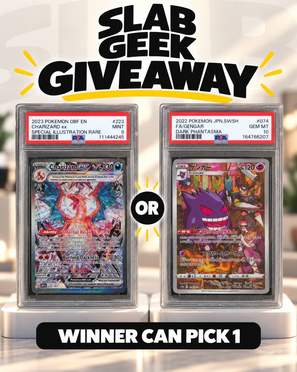 WeLovePokemon's tweet photo. Win a Charizard SIR or Gengar AR! 🎁 

✅ Repost and like
✅ Follow us and @slabgeek 
✅ Let us know which slab you’d pick

🗓️ Winner drawn on 8th October https://t.co/bMM7IgULca