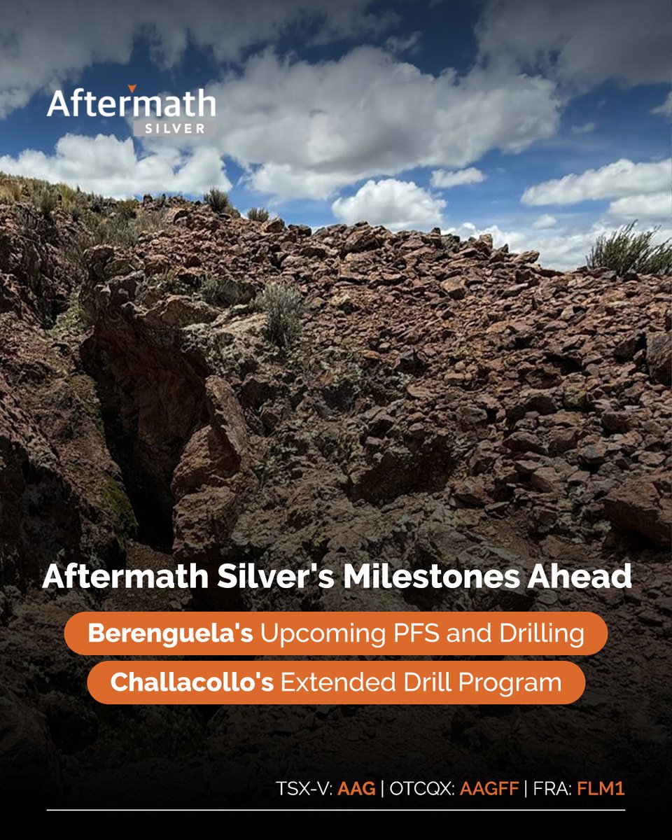 AftermathSilver's tweet photo. The $AAG.V story continues. Assays are pending, &amp; upcoming drilling on the Skarn Target will begin soon at the #BerenguelaProject. The #PFS is expected in Q1 2027. Drilling at the #ChallacolloProject is also making progress.

🔗: https://t.co/ppT59z0HZ4

#AAG #AAGFF #FLM1 https://t.co/Ox4u4sxoCT