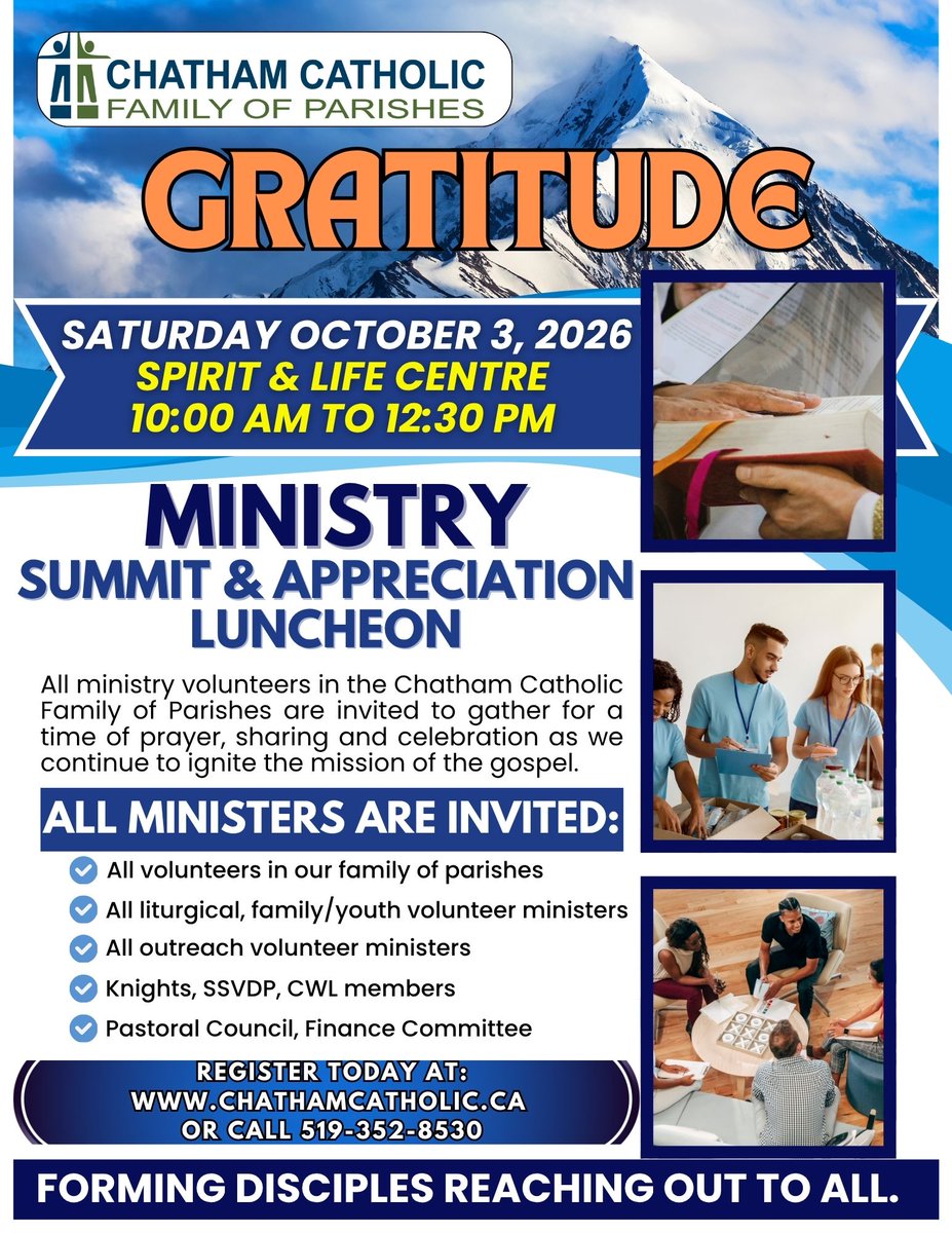 ChathamCatholic's tweet photo. Ministry Summit &amp; Appreciation Luncheon is occuring Saturday, October 3rd at the Spirit &amp; Life Centre from 10 AM - 12:30 PM. All Ministry Volunteers are Welcome!! We are looking forward to celebrating all the amazing work you do!! To register please go to: https://t.co/RZhn3ISCdo https://t.co/8JHg0hiOdO
